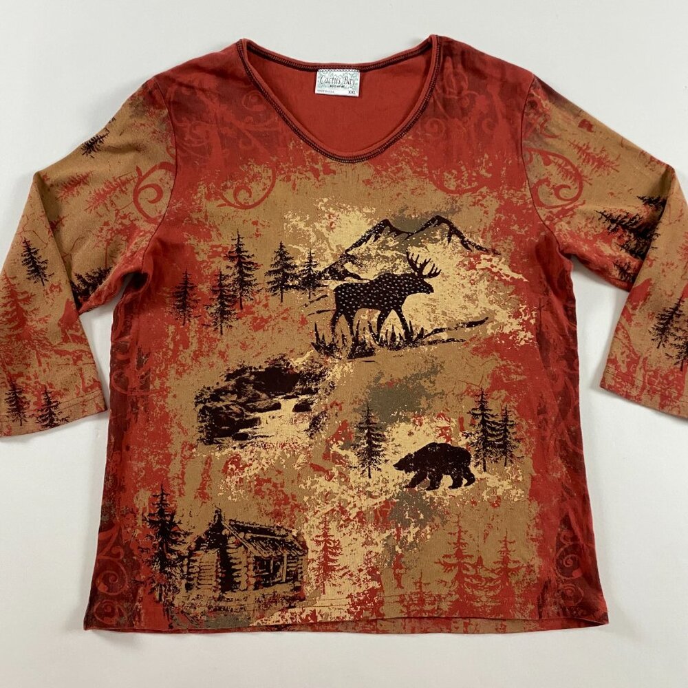 Cactus Bay Shirt Womens XXL Rhinestones Alaska Bear Caribou Deer Wilderness